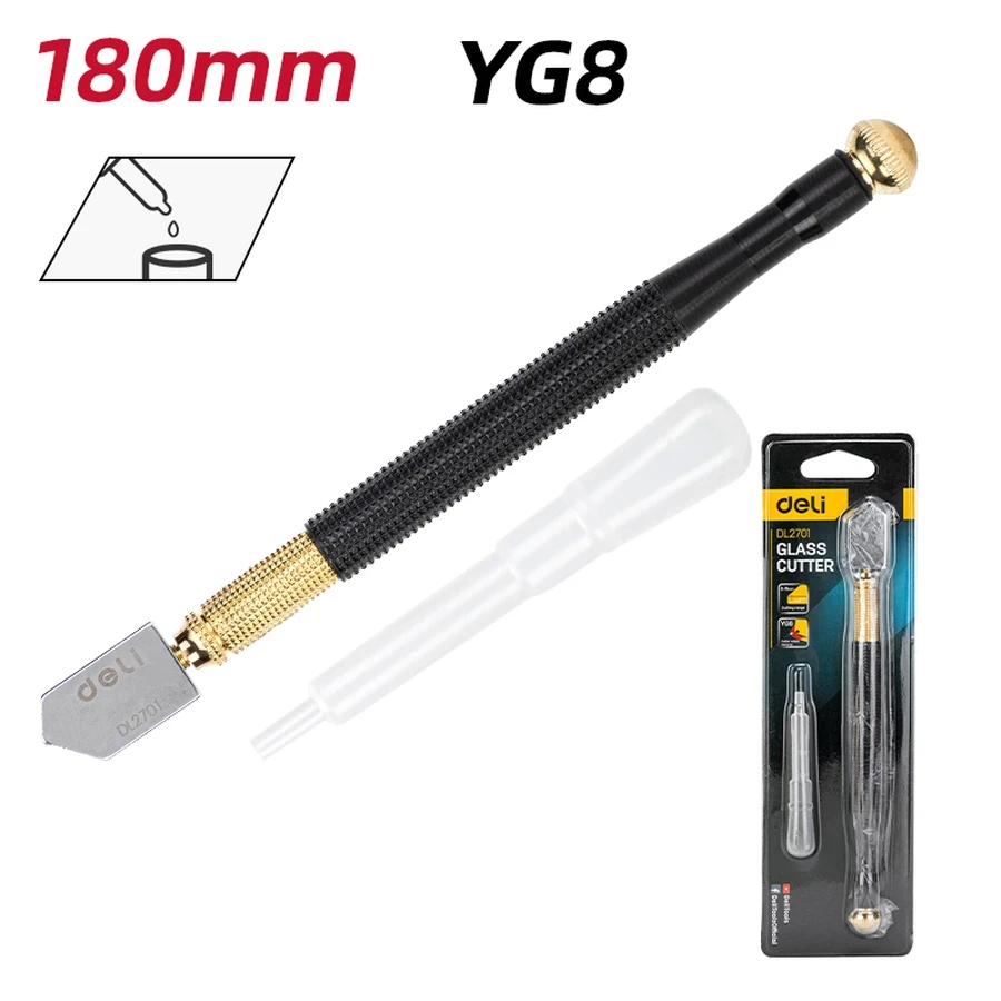 Deli 3-12mm Professional YG6 Carbide Diamond Tip Glass Cutter | Heavy-Duty Precision Scoring Tool with 360° Rotatable Replaceable Shank | EDL2701 (Black)