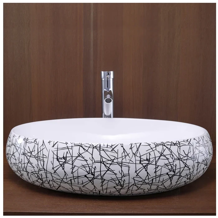 Toyo Rose-120 Ceramic Countertop Art Basin 16"x24" | Minimalist Black Line Premium Glaze Finish | Stain Resistant Easy to Clean Bathroom Wash Basin | 600x400x160mm