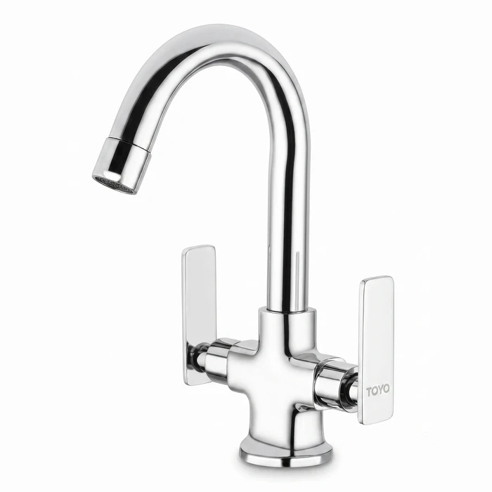 Toyo Centre Hole Sink Mixer with Regular Swinging Spout & 600 mm Braided Hoses | Solid Brass Table-Mounted Deck Kitchen Faucet | AQ-51921