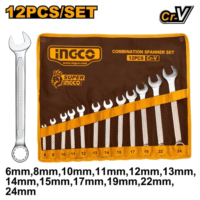 INGCO 12-Piece Combination Spanner Set | Drop-Forged Chrome Vanadium Steel 6-24mm Metric Wrenches with Fine Polished Finish & Roll-Up Canvas Pouch | HKSPA1142