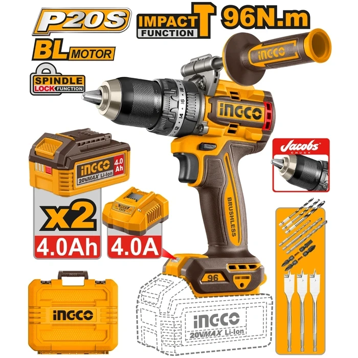 INGCO 20V Cordless Brushless Impact Drill | 96 Nm High Torque 2-Speed Hammer Drill with Jacobs Metal Chuck, Dual 4.0Ah Batteries & 11-Piece Accessory Kit | CIDLI209686