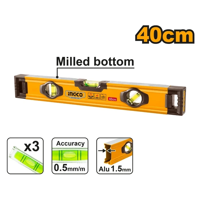 INGCO 40cm Aluminum Box Spirit Level | 1.5mm Heavy Duty Double Milled Surface Level | 0.5mm/m High Accuracy Vials with V-Shape Slot for Round Surfaces | HSL08040