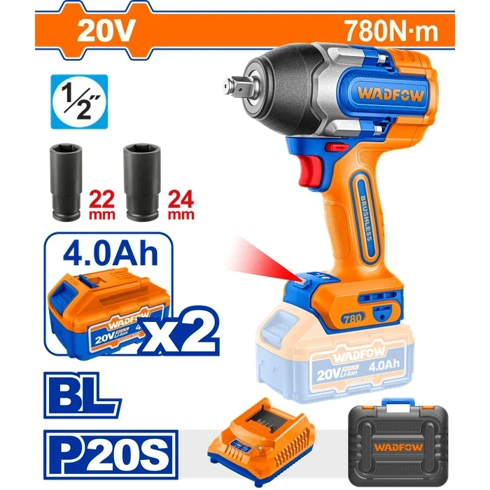 Wadfow 20V Cordless Brushless 1/2" Impact Wrench Kit with 2x 4.0Ah Batteries & Sockets | 950Nm Nut-Busting High-Torque 3-Speed Power Tool | WCD1B78