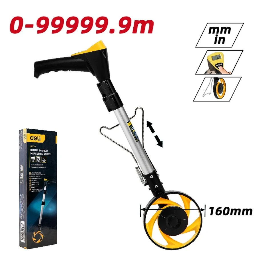 Deli 150mm (6") Digital Distance Measuring Wheel | Metric/Imperial Electronic Survey Meter with Large Backlit LCD, 5 Data Memory & 3-Stage Folding Handle | EDL9713 (Yellow)