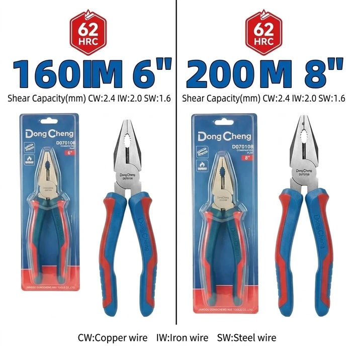 Dongcheng DG Professional Combination Plier Series (6"/160mm & 8"/200mm) | Induction-Hardened Multi-Wire Shearing Jaws with Polish & Anti-Rust Oil Finish | DG Series