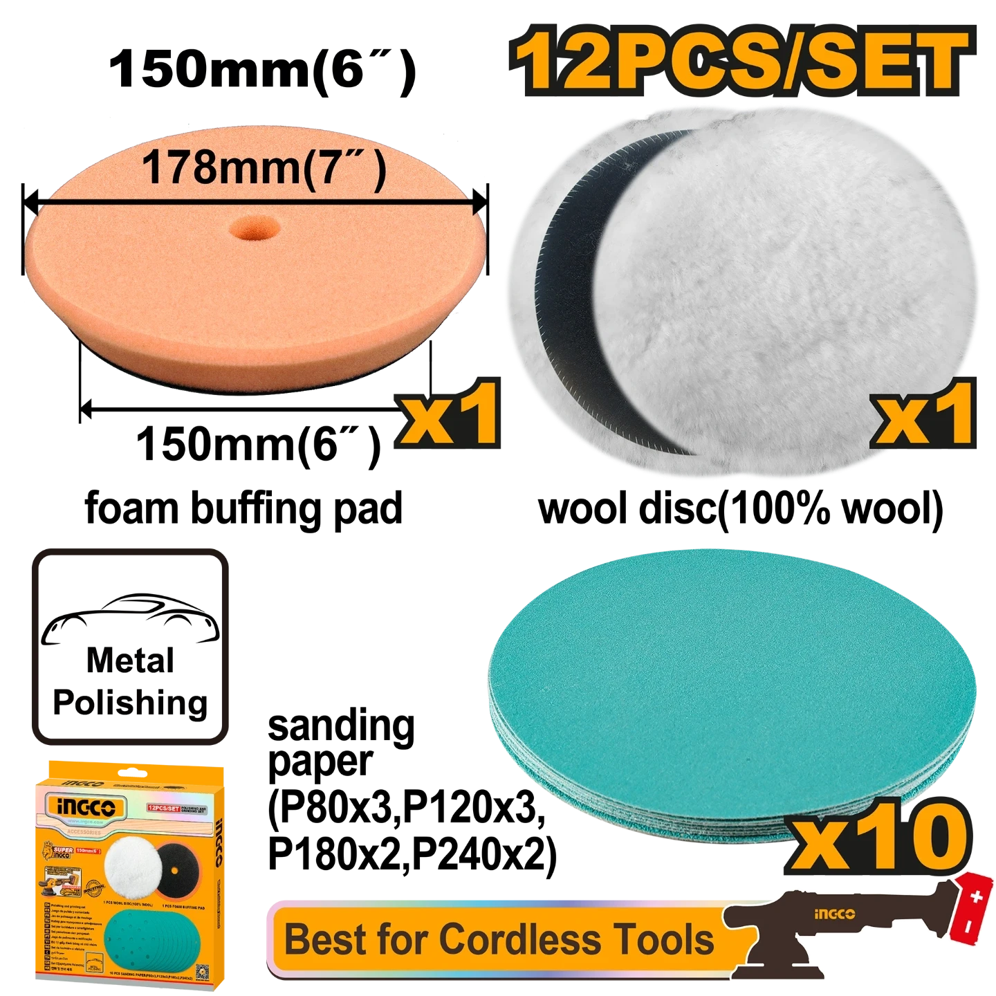 INGCO 12-Piece 6" (150mm) Polishing and Grinding Disc Set | 100% Wool Pad & Foam Buffing Disc with 10-Pack Multi-Grit Sanding Paper for P20S Cordless Polishers | APG15012
