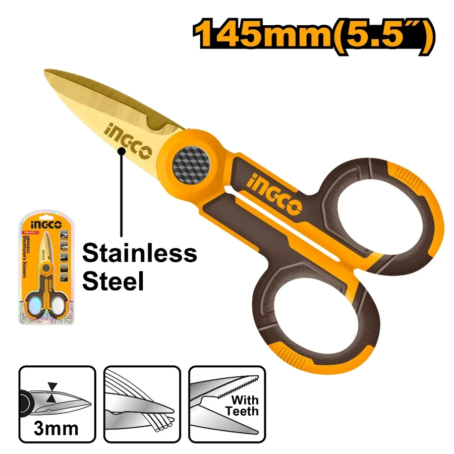 INGCO 145mm (5.5") Professional Stainless Steel Electrician's Scissors with Micro-Serrated Blade & Wire Stripping Notch | HES02855