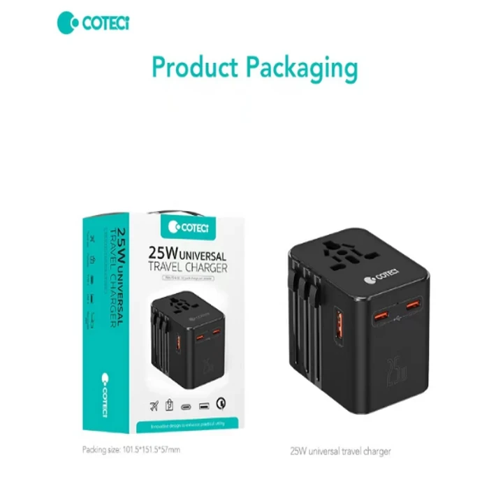 COTECi Travel Adapter | 25W Fast Charging Logic | Dual Type-C & Single USB Matrix | Multi-Country Universal Matrix | TR-014