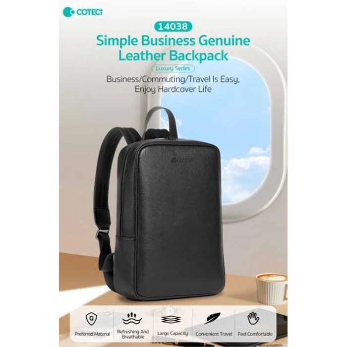 COTECi Luxury Series Genuine Leather Simple Business Backpack | Premium Executive Laptop Rucksack | Model 14038-BK - Black