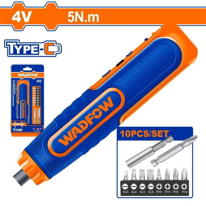 Wadfow 4V Professional Cordless Screwdriver | Compact 1/4" Hex Shank 5N.m Power Driver Kit with 260rpm, Integrated LED Light, Type-C USB Port & 10-Piece Cr-V Bit Accessory Set | WCV4435