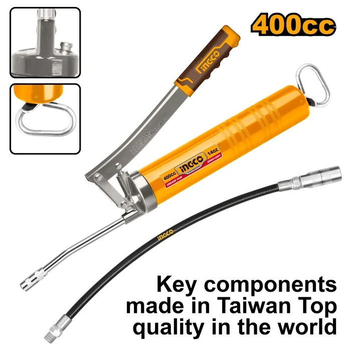 INGCO Heavy-Duty Professional Grease Gun | Taiwan Quality 4500psi Lubricator with 1.2mm Steel Tube, 400CC Bulk / 14Oz Cartridge Dual Loading & 12" Flex Hose | GRG015001