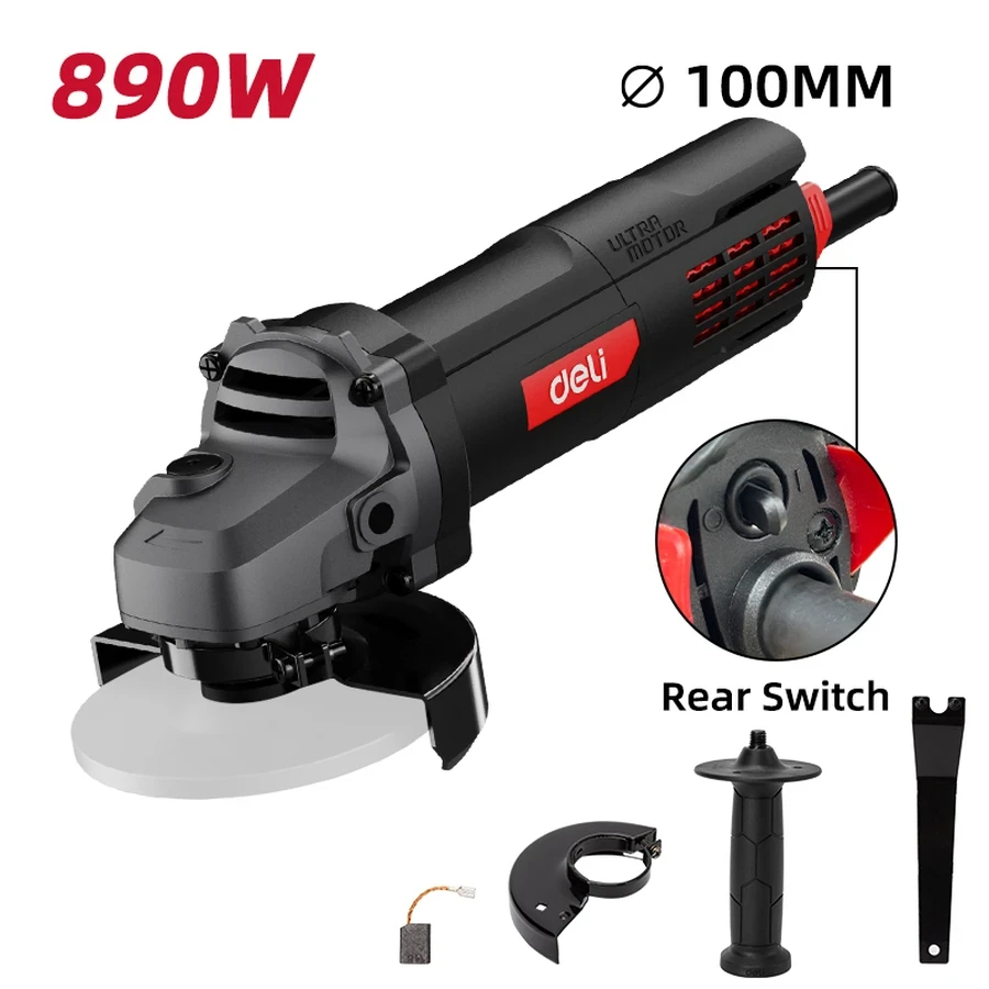 Deli 890W 4" (100mm) Professional Compact Angle Grinder (12,000 RPM) | Machined Steel Gears & Triple Guard Spindle with Burst-Proof Safety Guard (Red) | EDE-JM100-3E