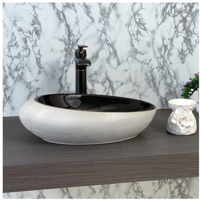Toyo Crocus-214 Ceramic Countertop Art Basin 12"x19.5" | White & Black Glossy Premium Finish | Stain Resistant Easy to Clean Bathroom Wash Basin | 490x310x140mm