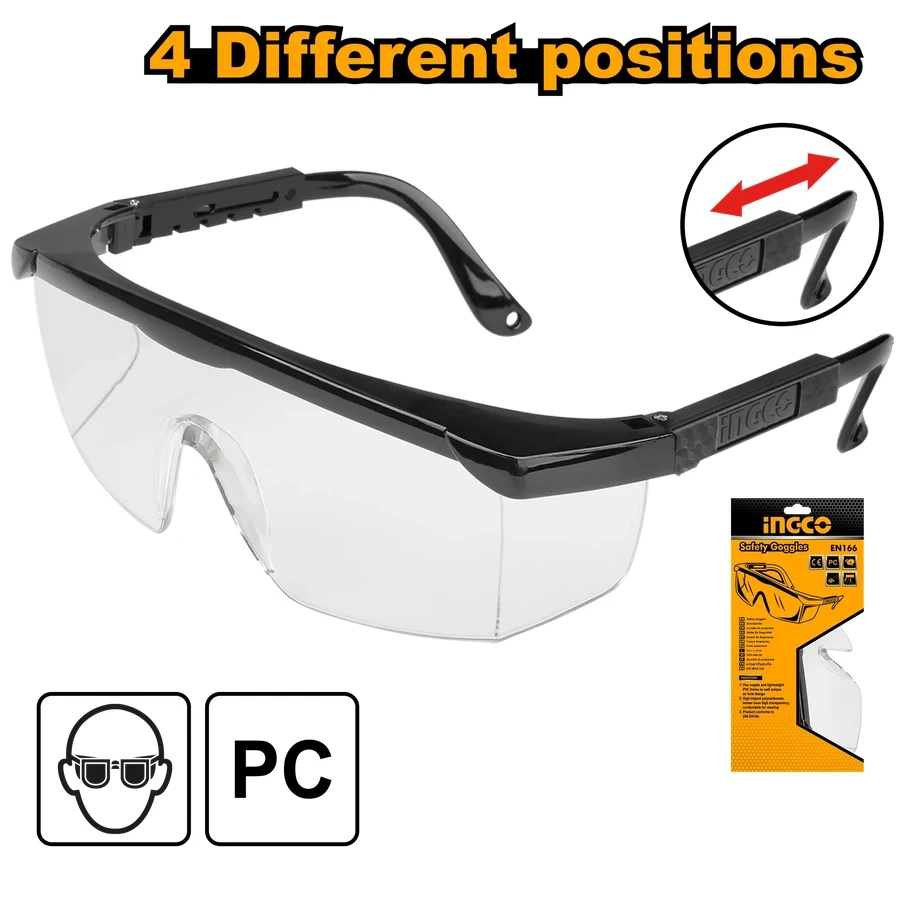 INGCO Professional Adjustable Safety Goggles | 4-Position Temple Length with Integrated Encircling Flank Protection | HSG142