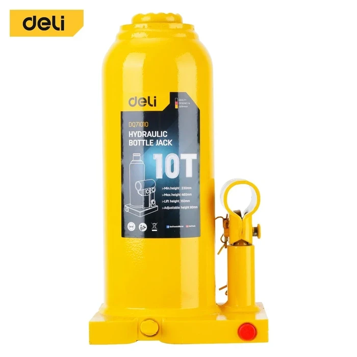 Deli Tools 10-Ton Hydraulic Bottle Jack | Heavy-Duty Welded Steel Vehicle Lift with Safety Overload Valve (230mm - 460mm) | EDQ71010