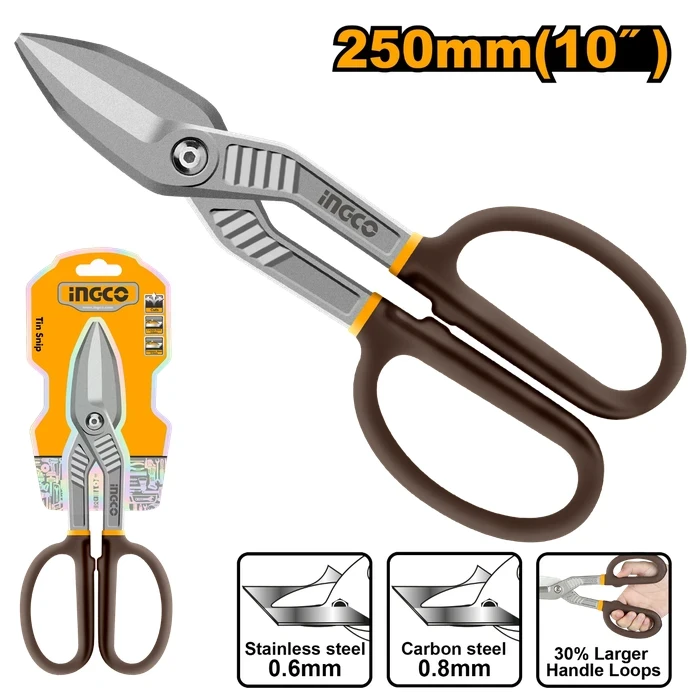 INGCO 10" / 250mm Professional Drop-Forged Steel Tin Snip | Heavy-Duty Sheet Metal Shears with Double Dipped Grip Handle, 0.8mm Carbon Steel & 0.6mm Stainless Steel Max Cutting Capacity | HTS0410