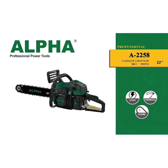 Alpha A-2258 22" 58cc 2400W Heavy-Duty Petrol Chainsaw | 2-Stroke Gasoline Timber & Wood Cutter