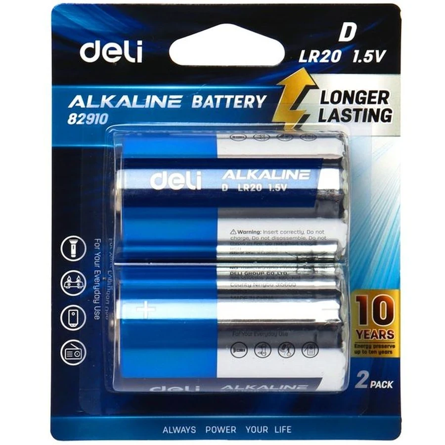 Deli D LR20 1.5V Long-Lasting Alkaline Battery (2-Pack) | 10-Year Shelf Life & Leakproof Eco-Friendly Power for Flashlights & Geysers | E82910