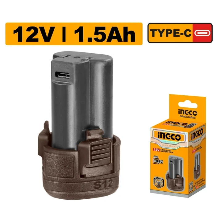 INGCO 12V 1.5Ah Professional Lithium-Ion Cordless Power Tool Battery Pack | USB Type-C Direct Charging Port for INGCO S12 Multi-Tools | FBLI12153