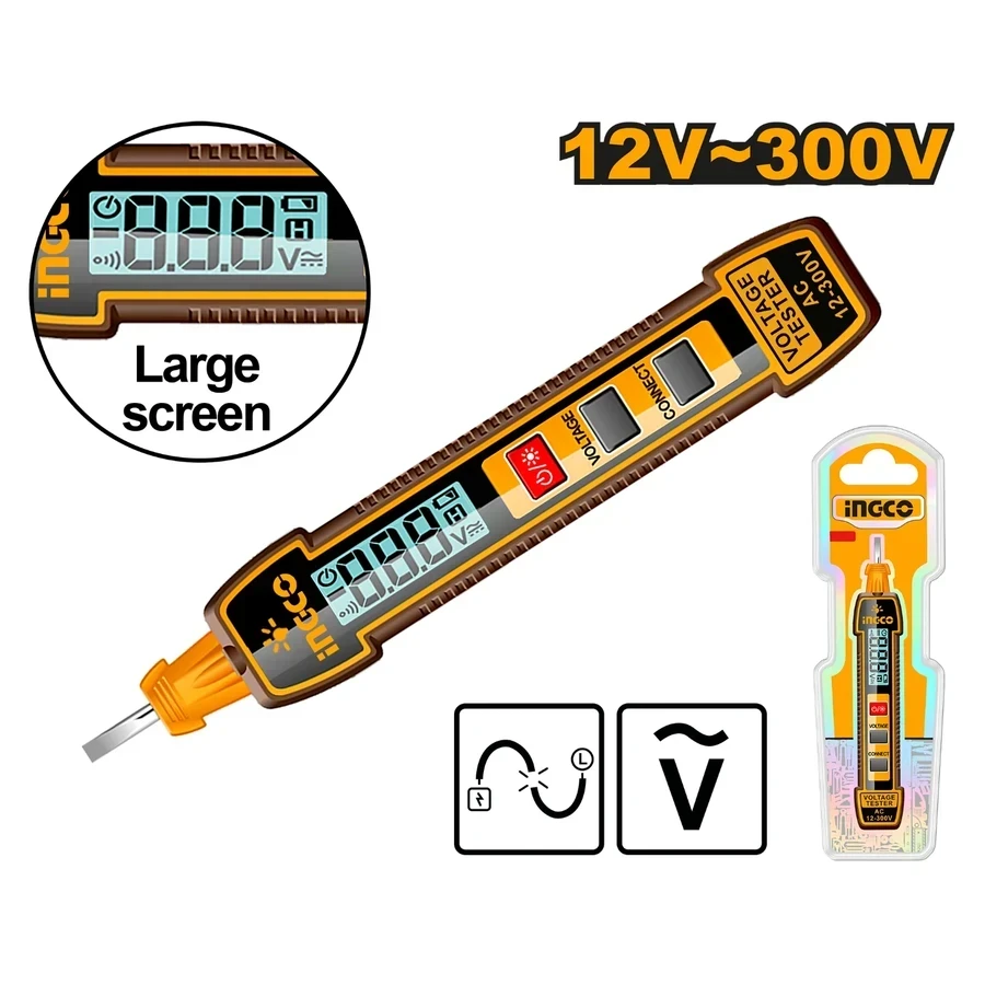 INGCO Digital Display AC Voltage Test Pencil (12V–300V) | LCD Screen, Sound & Light Alarm with LED Flashlight | HSDT33001
