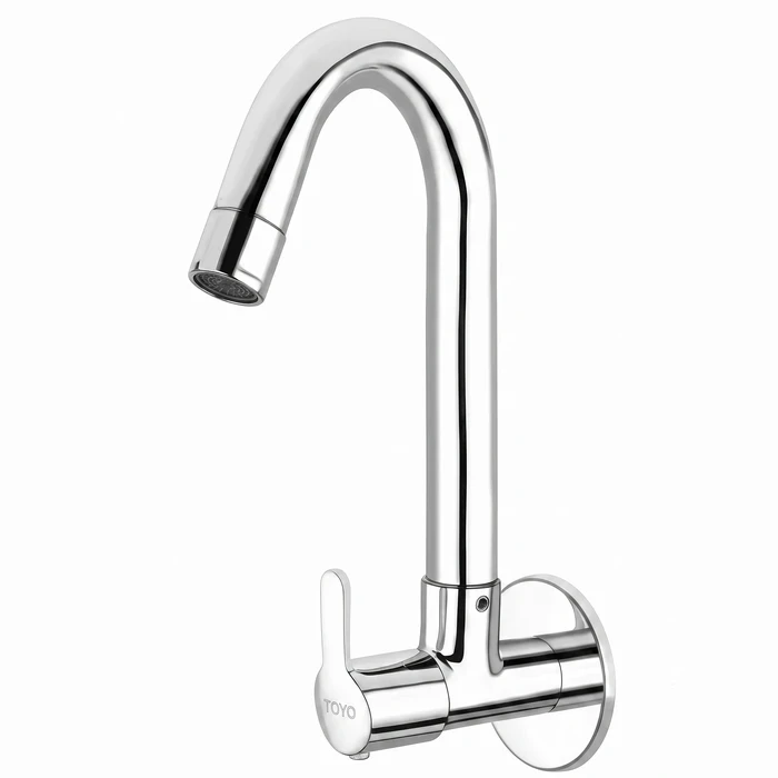 TOYO Wall-Mounted Solid Brass Kitchen Sink Cock | Premium Chrome Single Water Tap with 360-Degree Swinging Swivel Spout & Stainless Steel Wall Flange | TOYO-SA-52225