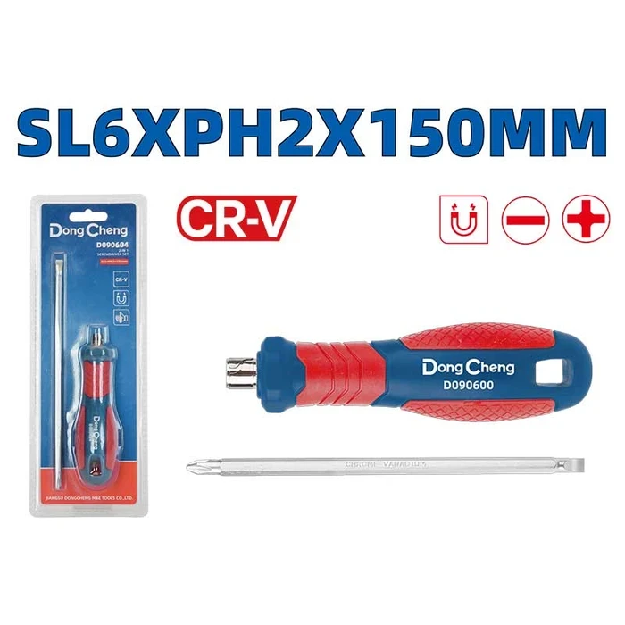 Dongcheng 2-in-1 Reversible Screwdriver Set (PH2 x SL6 x 150mm) | Extended Reach Chrome Vanadium Double-Ended Shank with Interchangeable Handle | DG Series