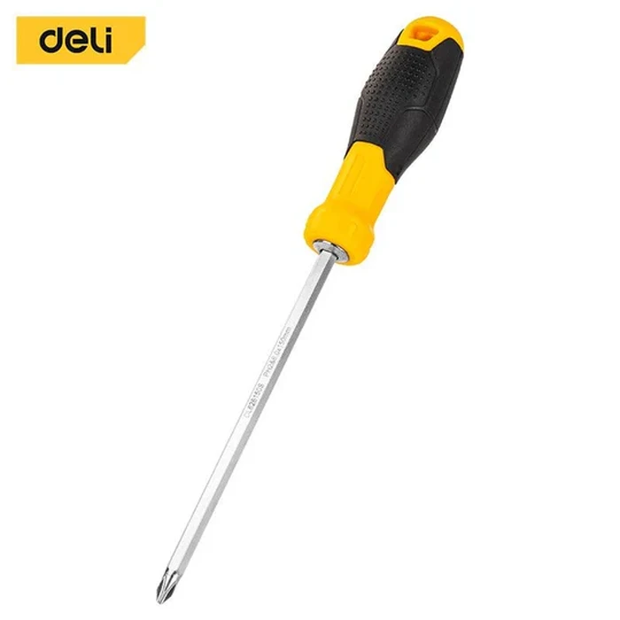 Deli 2-in-1 Reversible Screwdriver | Extended 6.35mm x 150mm Heat-Treated Steel Shank | Dual-Head Slotted & Phillips Magnetic Tip Driver with Ergonomic Cushion Grip | EDL626150S