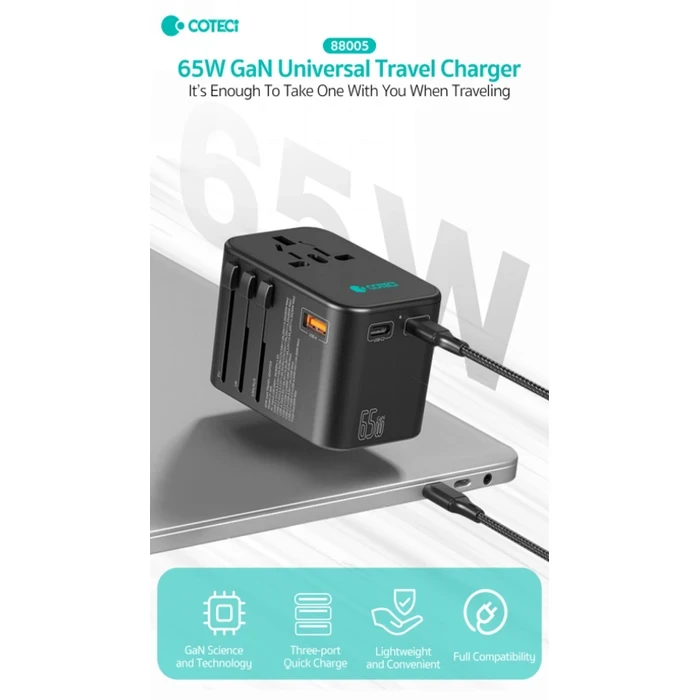 COTECi GaN Travel Adapter | 65W High-Velocity Logic | Dual Type-C & Single USB Matrix | Multi-Country Universal Matrix | 88005