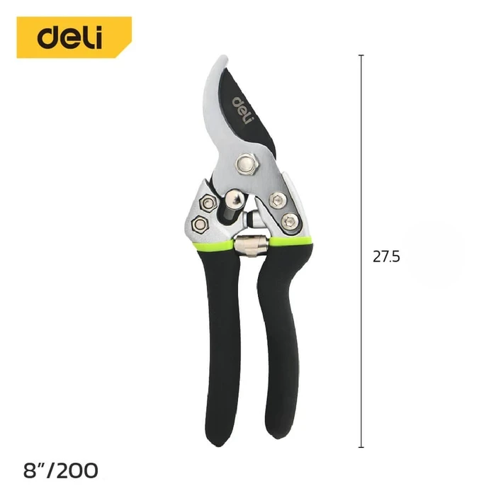 Deli 8" Professional High-Carbon SK5 Steel Pruning Shears | Heavy-Duty 200mm Garden Branch Cutter with Non-Slip Silicone Handle, 10mm Max Shear & Safety Lock | EDL580210