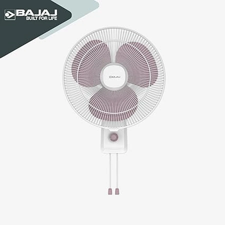 Bajaj Robusto 16" Wall Fan | High-Performance Shield Series Motor & 3 Aerodynamic Blades | Pull-Cord Regulation & Gloss Finish | Lavender & White | 252002