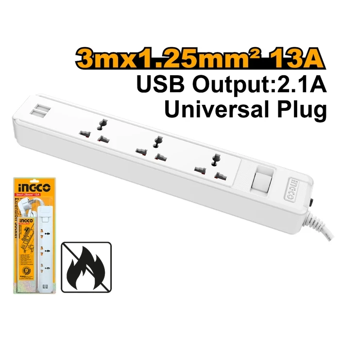 INGCO 3-Way Professional Extension Socket with 2.1A USB Port | Heavy-Duty 13A Power Strip with 3M Cable, Overload Protection & Flame Retardant Body | HES13041VSB