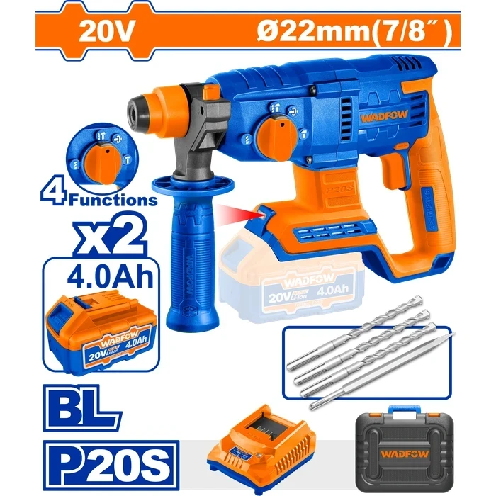 Wadfow 20V Brushless Cordless SDS-Plus Rotary Hammer Drill | 2.0J Impact 5400BPM Concrete Boring Machine with 2 Pcs 4.0Ah Batteries, Charger & 4 Pcs Accessory Kit | WLM15225