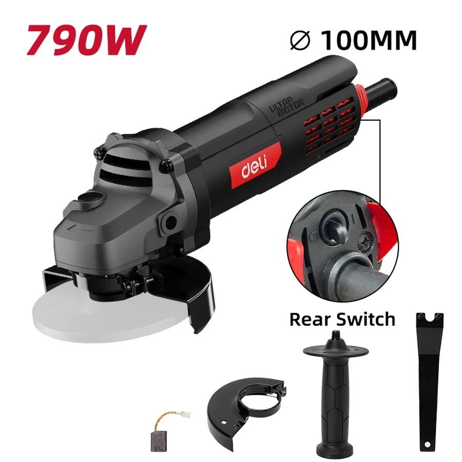 Deli 790W Professional 100mm (4") Angle Grinder | 12,000 RPM Compact & Slim Body Design with Triple Guard Spindle System (Red) | EDE-JM100-1E