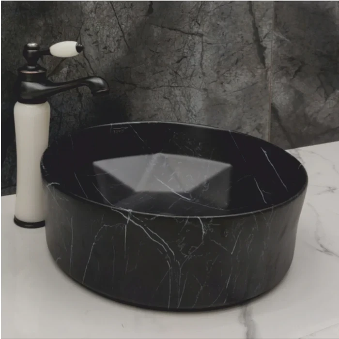 Toyo Lily-253 Ceramic Countertop Art Basin 16"x16" | Black Marble Matt Premium Finish | Stain Resistant Easy to Clean Bathroom Wash Basin | 405x405x145mm