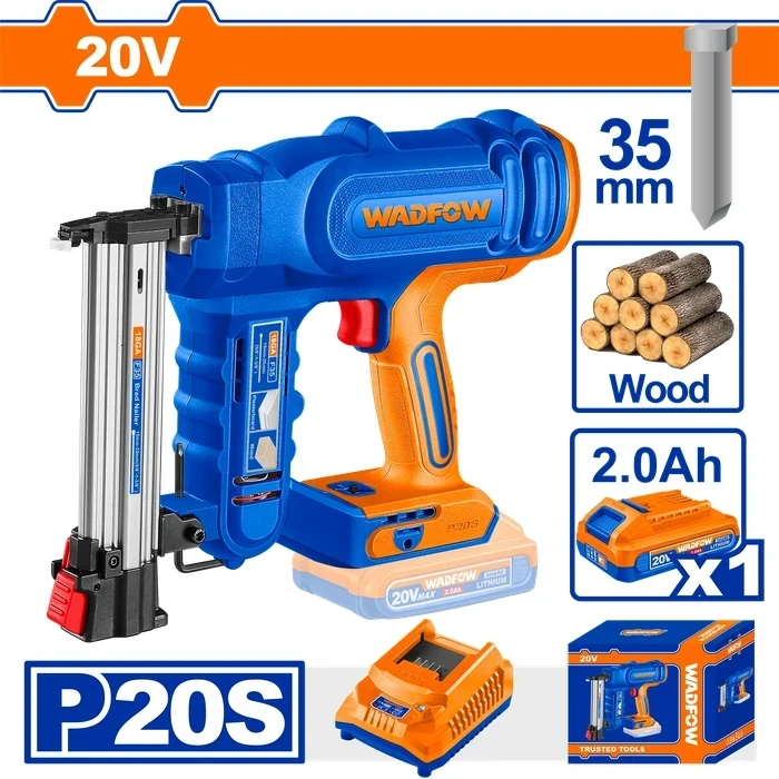 Wadfow 20V Cordless Brad Nailer Kit with 2.0Ah Battery & Charger | F15 to F35 Nail Range 105-Piece Magazine Finishing Power Tool | WBJ1308