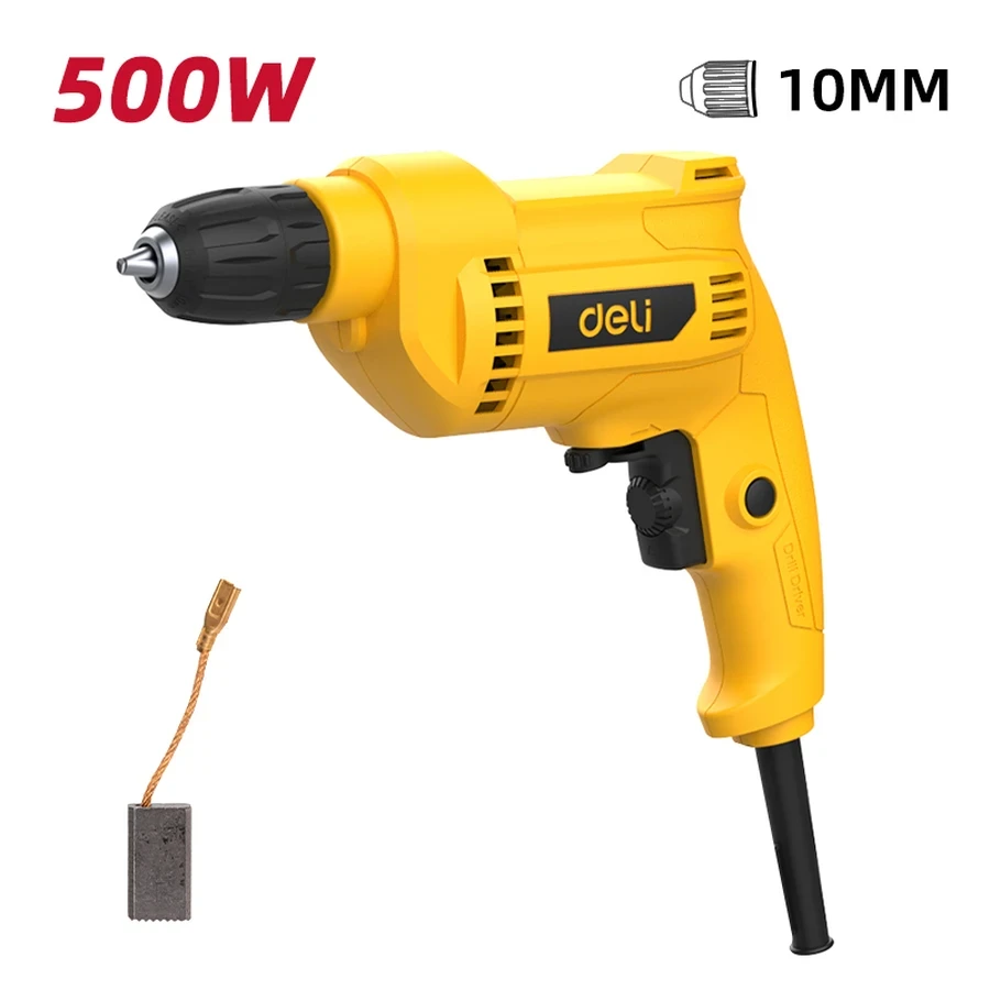 Deli 500W Semi-Pro 10mm Keyless Chuck Electric Drill | 0–3300 RPM Variable Speed Pure Copper Motor Rotary Drill with Forward/Reverse & Switch Lock (Yellow) | EDL-DZ10-E2
