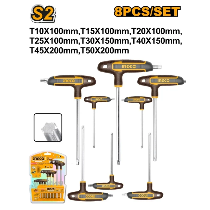 INGCO 8-Piece Professional T-Handle Torx Wrench Set | Heavy-Duty S2 Alloy Steel Star Keys with Heat Treatment, Chrome Plated Shafts & Brand Exclusive Storage Shelf | HHKT80838