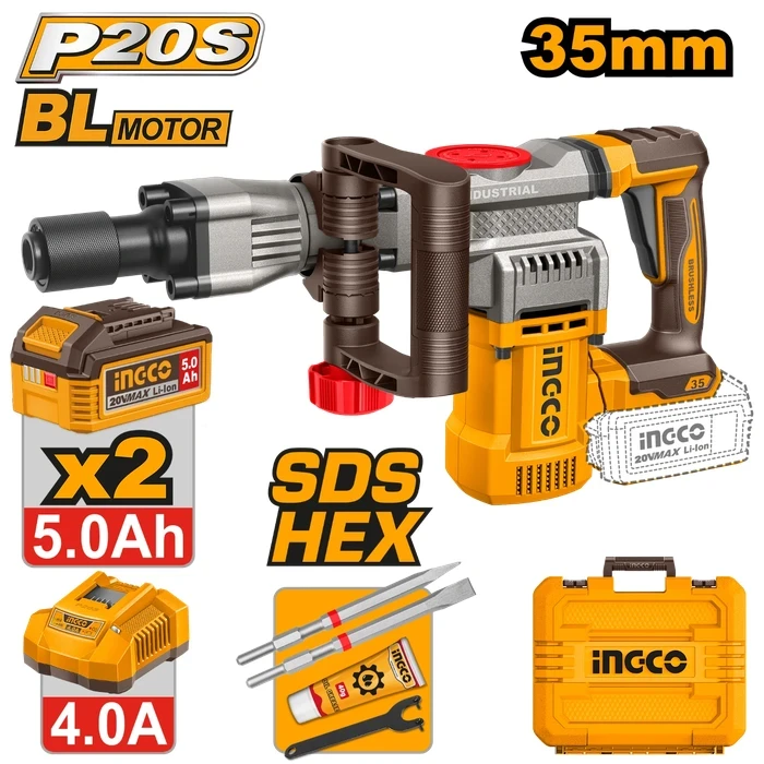 INGCO 20V Cordless Brushless SDS HEX Demolition Breaker | 16J High Impact Energy Concrete Jackhammer with 0-3200BPM, Dual 5.0Ah Batteries, Charger, 2 Chisels & Lubrication Grease | CDBLI203582