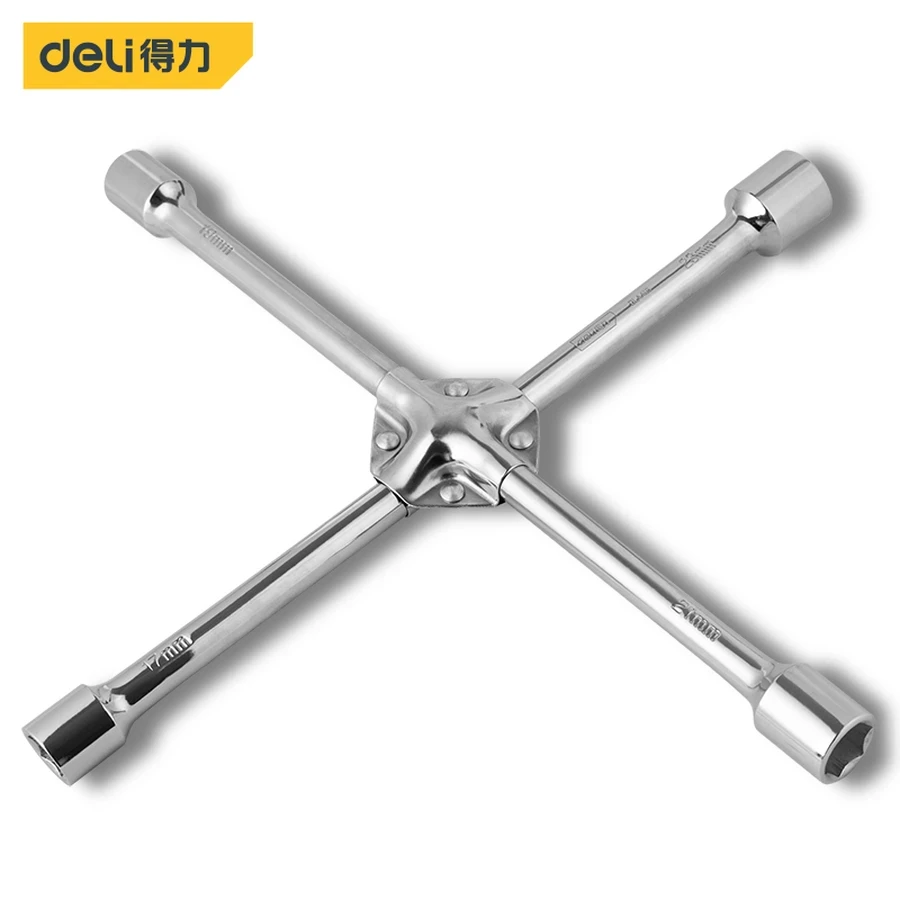 Deli 16" Heavy-Duty 4-Way Cross Wrench | Professional Automotive Wheel Lug Nut Remover with 17mm, 19mm, 21mm & 23mm Sockets | EDL4416