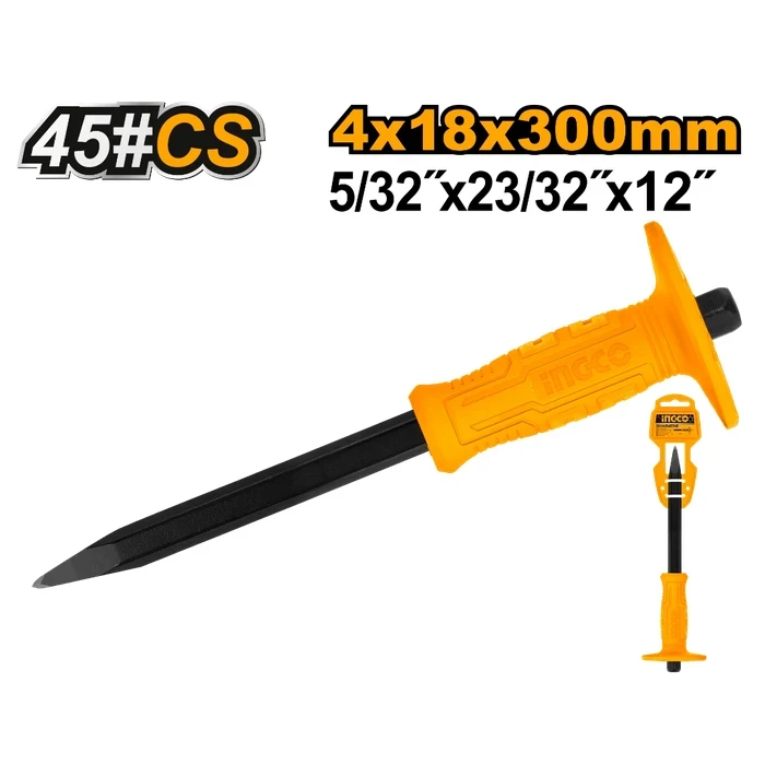 INGCO 4mm x 18mm x 300mm Professional Concrete Chisel | Heavy-Duty Drop-Forged Heat-Treated 45# Carbon Steel Masonry Demolition Tool with Shock-Absorbing Unique Design Handle | HCC0841218
