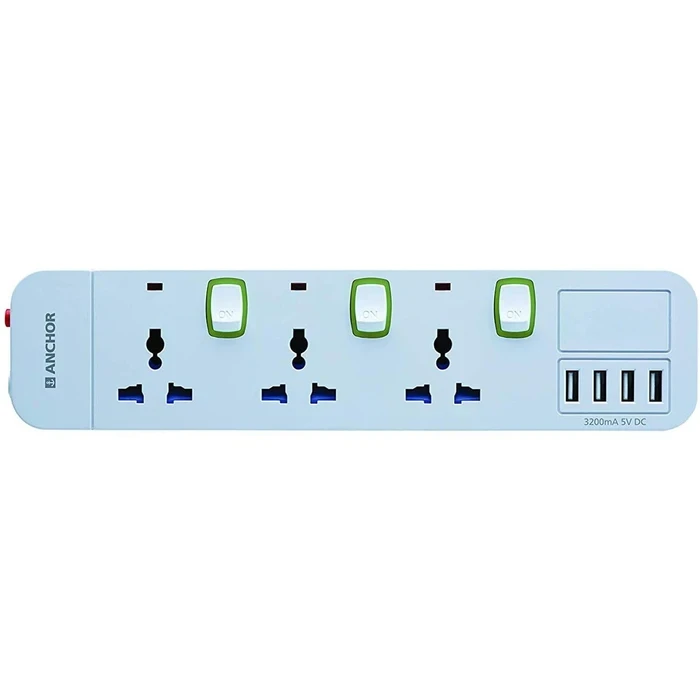 Anchor 3-Way Universal Socket Spike Guard Power Strip with 4 USB Ports & Individual Switches | 2400W 1.5M Cord Surge & Overload Protected (White) | 22057