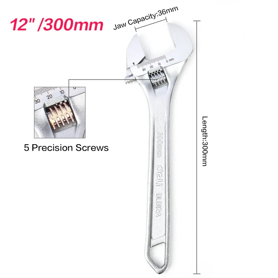 Deli 12" Professional Forged Carbon Steel Adjustable Spanner | Heavy-Duty Chrome-Plated Wrench with Precision Knurl & Laser-Etched Scale | EDL012A (Silver)