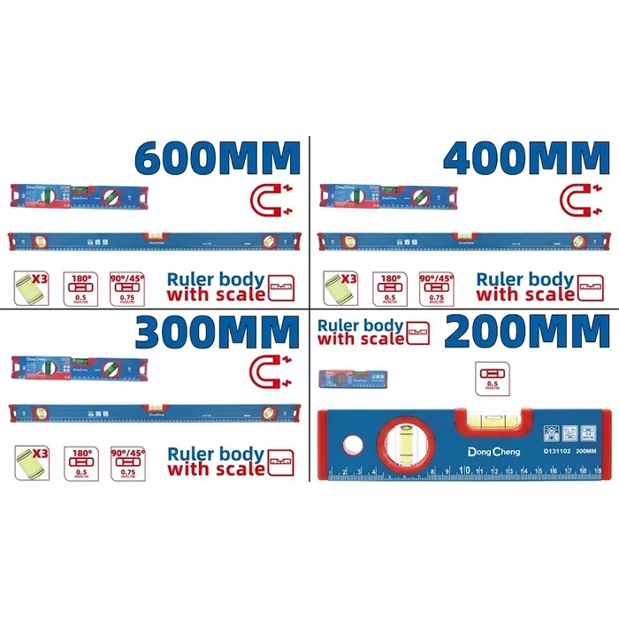 Dongcheng DG Professional Aluminum Spirit Level Series (200mm, 300mm, 400mm, 600mm) | High-Accuracy Vials with Magnetic Base & Shockproof End Caps | DG Series