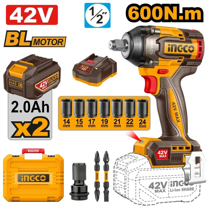 INGCO 42V Cordless Brushless 1/2" Impact Wrench | 750Nm High Nut-Busting Torque Runner with 3-Speed Selector, Dual Batteries, Charger, 7-Piece Socket Set & Hex Adapter | CIWLI42602