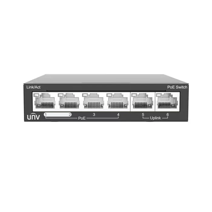 UNV 4-Port Fast Ethernet Unmanaged PoE Switch V2 with 65W Budget, Priority Ports & 250m Extend Mode | NSW2020-6T-POE-IN-V2