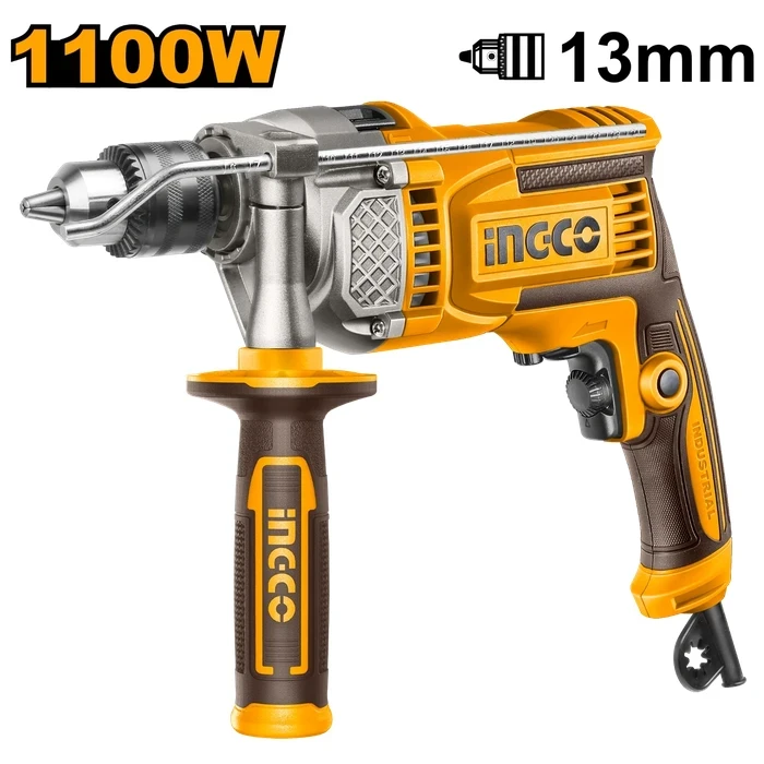 INGCO 1100W Professional 13mm Corded Impact Drill | Heavy-Duty Aluminum Gear Box Hammer Drill with 0-3000rpm Variable Speed & Spare Carbon Brushes | ID110028
