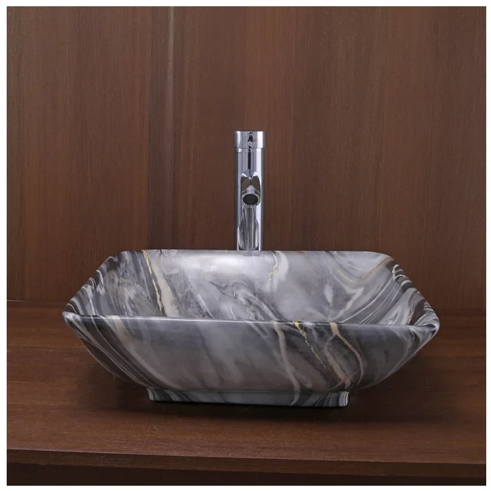 Toyo Mari-347 Ceramic Countertop Art Basin 16"x16" | Black & Grey Marble Premium Finish | Stain Resistant Easy to Clean Bathroom Wash Basin | 440x440x150mm