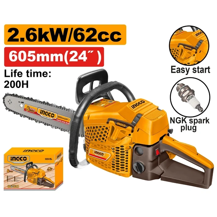 INGCO 62cc 2.6kW Professional Gasoline Chainsaw | Heavy-Duty 24" (605mm) Timber Cutting Petrol Saw with Easy Start, NGK Spark Plug, Bar & Chain Set | GCS5622611