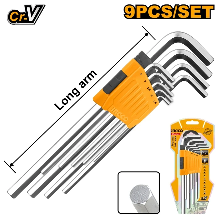 INGCO 9-Piece Long Arm Hex Key Wrench Set | Premium Hardened Cr-V Steel & 1.5mm–10mm Metric Matrix | Compact Storage Holder | HHK11091