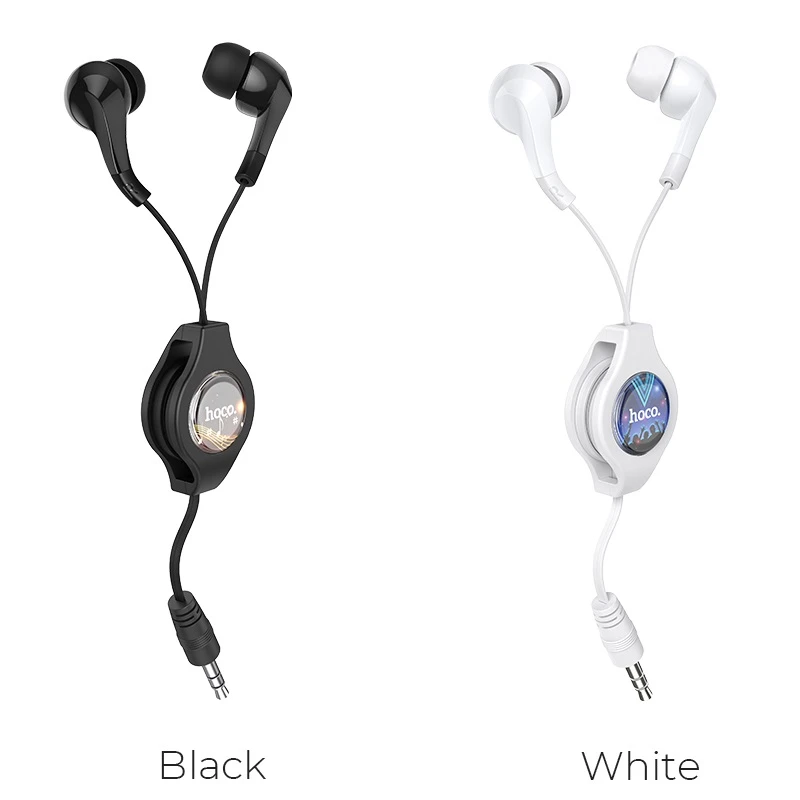 HOCO Easy Clip Retractable Wired Earphones | 10mm Driver | One-Button Control | Black, White Finish | M68